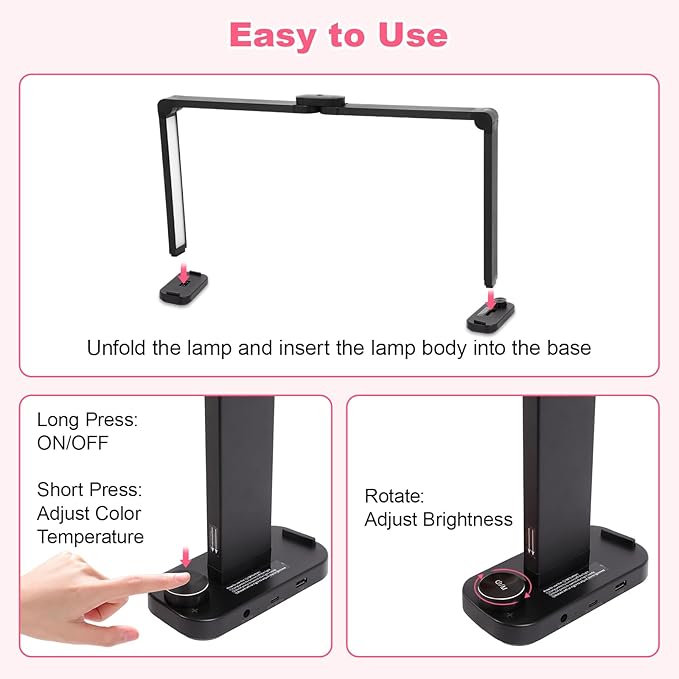 34in Half Moon Light for Nail Desk, Foldable LED Lamp for Nail Art, Tattooing, Craft Making, Stepless Dimming, 3000-6000K Color Temperature Adjustment, 456 Light Beads, Black