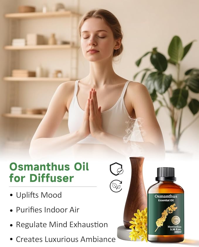 Pure Osmanthus Essential Oil, Mumianhua Natural Osmanthus Oil for Diffuser, Skin, Air Purifier,Candle Making, Massage, Relaxation, Evening Luxury, Garden Elegance, Home Fragrance 3.38 Fl Oz