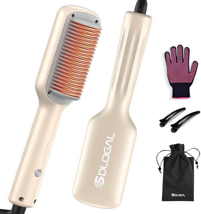 SDLOGAL Hair Straightener Brush, Hair Straightener Comb Straightening Brush for Women, with 5 Temps & Fast Heating, Easy and Fast Salon-Style, Plus Dual Voltage Travel Friendly-(Beige)
