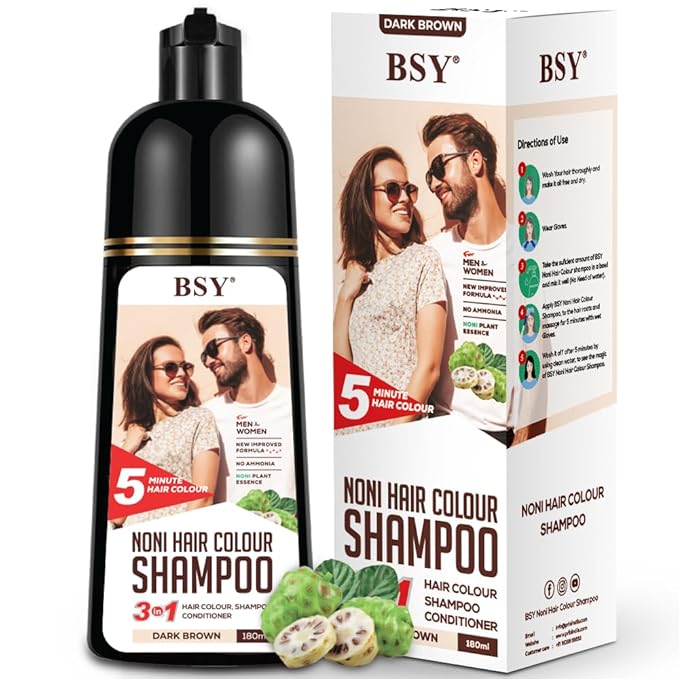 BSY Noni Hair color shampoo - 6 fl oz - Pump Pack | No Ammonia | 3 in 1 - Hair Dye Shampoo, conditioner for women | Noni Fruit Hair Dye for Men | 5 Minutes Hair Color (Dark Brown)