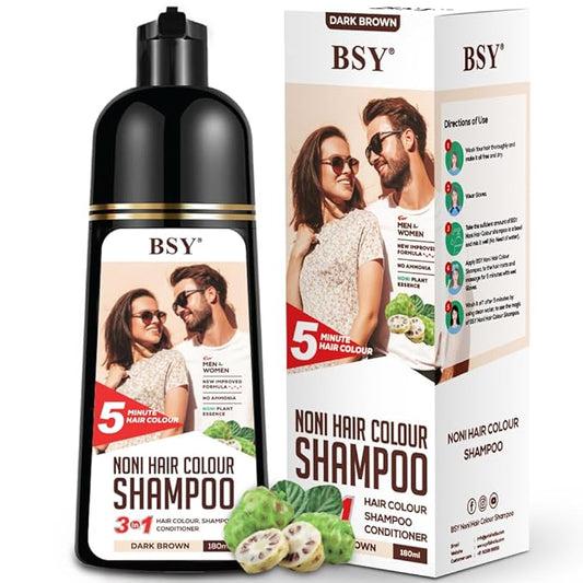 BSY Noni Hair color shampoo - 6 fl oz - Pump Pack | No Ammonia | 3 in 1 - Hair Dye Shampoo, conditioner for women | Noni Fruit Hair Dye for Men | 5 Minutes Hair Color (Dark Brown)