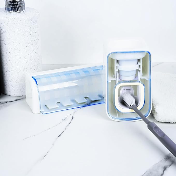 5 Slots Wall Mount Toothbrush Holder with Cover, Self Adhesive Toothbrush Storage Organizer for Shower, Toothbrush Hanger with Automatic Toothpaste Squeezer Dispenser(White + Blue)