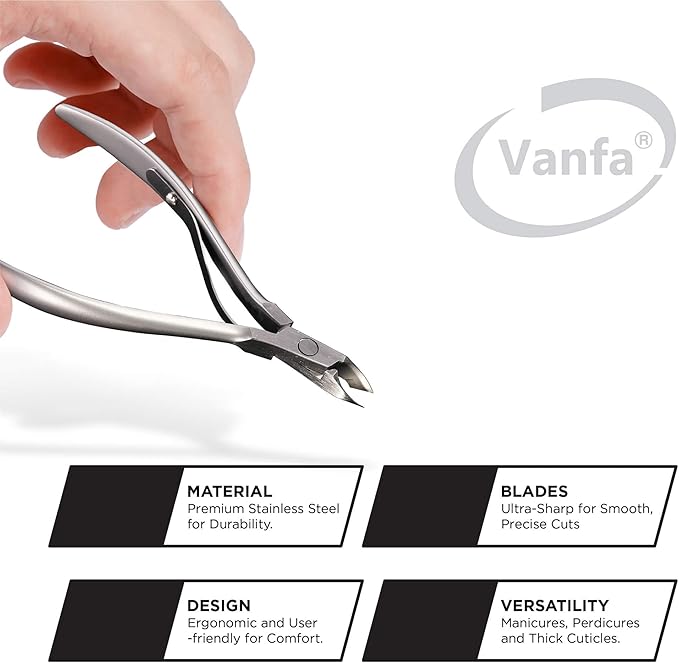 Vanfa Cuticle Nippers, Cuticle Trimmer, Professional Cuticle Cutter - Extremely Sharp - Stainless Steel - Square Head - Single Spring - VF05 Box Jaw #14 (Pack of 1)