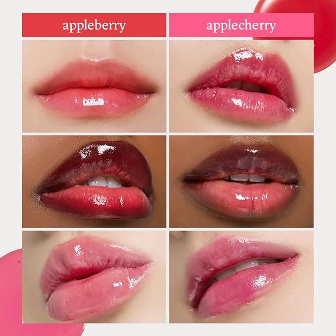 NOONI Korean Lip Oil Set - Appleberry & Applecherry | Long-Lasting, Moisturizing, Plumping, Revitalizing for Dry Lips, Waterproof, No Peel Off, Stocking Stuffers, lip plumper 0.12 FL Oz x 2ea