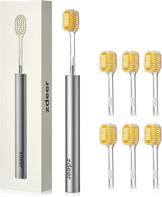 Ultra Soft Manual Toothbrush for Adults with Sensitive Gums, Aluminum Alloy + ABS Handle with 6 Replaceable Wide Soft Gum Care Heads, Gentle Daily Brushing, Eco-Friendly Reusable Design