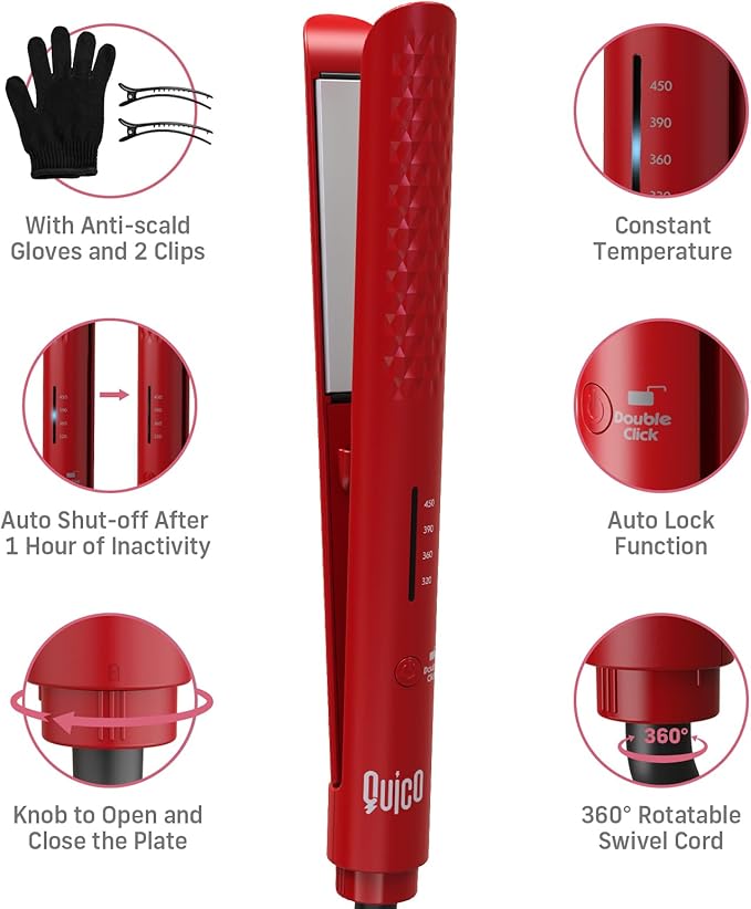 Quico Hair Straightener, 110-240V Global Travel Hair Straighteners for Women, 15s Fast Heating, Professional Negative Ion Flat Iron, Temp Memory, 320℉-450℉, Auto-Off, with Glove and Clips, Gift, Red