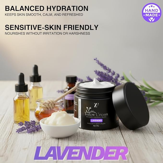 ZF 100% Grass Fed Beef Tallow for Skin Care - Face + Body - Natural Organic Lotion - Whipped Moisturizer for Sensitive Skin 4 FL. oz. (Lavender)