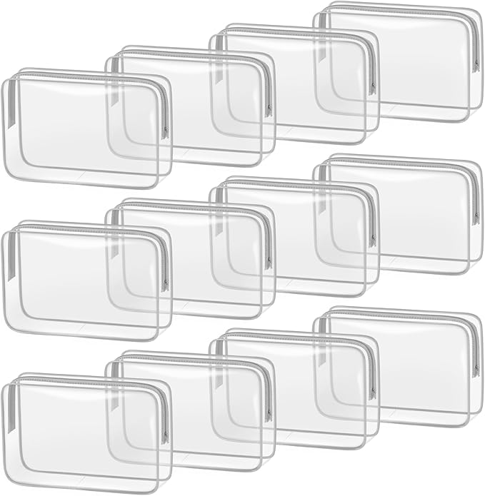 TISRATOK 12 PCS Clear Makeup Bag for Women with Zipper, TSA Approved Toiletry Pouch, Cosmetic Bag Bulk for Travel Organizer Essentials - Grey,Large