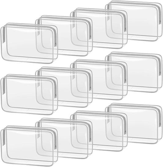 TISRATOK 12 PCS Clear Makeup Bag for Women with Zipper, TSA Approved Toiletry Pouch, Cosmetic Bag Bulk for Travel Organizer Essentials - Grey,Large