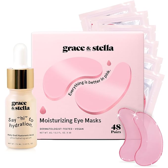 grace & stella Award Winning Under Eye Mask - Reduce Dark Circles, Puffy Eyes, Eye Bags, Wrinkles - Undereye Patches - Friendship Gifts for Women (Pink Eye Mask 48 Pairs + Hyaluronic Acid Serum 17ml)