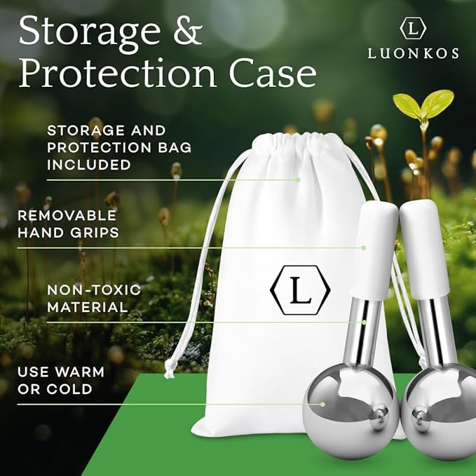 LUONKOS Gua Sha Ice Globes - Set of 2, Silver Stainless Steel - Facial Massage Tool & Lymphatic Drainage Massager - Reduces Puffiness, Fine Lines & Dark Circles