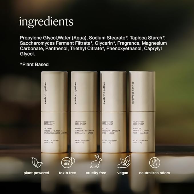 evolvetogether Aluminum Free Natural Deodorant for Women & Men | 4 Pack Travel Set | Neutralizes Odors, Soothes Skin | Vegan, Cruelty-Free, Baking Soda Free | Made in USA (Discovery)