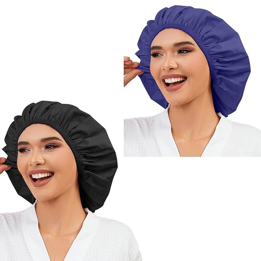 2 Pack Shower Caps for Women, Reusable Waterproof Shower Cap with Elastic Band, Thickened Waterproof Fabric Shower Bonnet for Braids, Long Hair (Black and Blue)