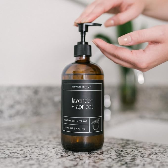 River Birch Lavender + Apricot Scented Natural Hand Soap - Handmade Soap - Moisturizing Hand Wash with Amber Glass Dispenser - Luxury Scented Hydrating Hand Soap - Vegan and Non-Toxic - 16 Fl Oz