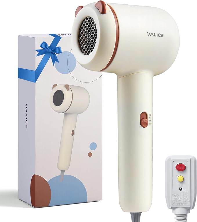 YALICE Kids Hair Dryer, Travel Small Hair Dryer for Children, Mini Ionic Quiet Kids Blow Dryer with ALCI Safety Plug, 3 Speed Settings, Anti-Scald, Kids Birthday Gift for Baby Hair Accessories, Khaki