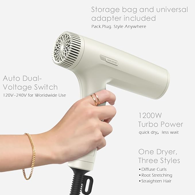 TOME 1200W Hair Dryer Travel Dual Voltage 120V/240V Foldable Blow Dryer with Diffuser Comb Nozzle Storage Bag Universal Power Adapter (White)