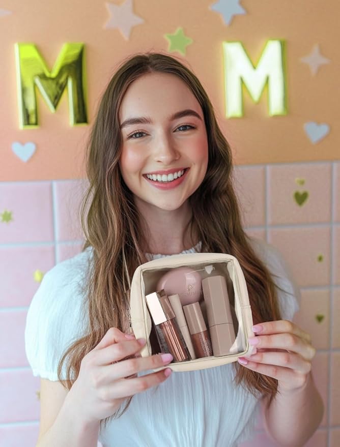 Pocmimut Mini Makeup Bag,Clear Makeup Bag Travel Toiletry Bag Pouch Purse Car Accessories Cute Stuff for Women,Travel Essentials Organizers,Beige