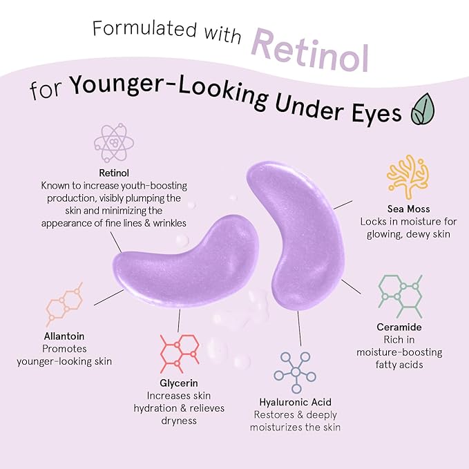 grace & stella Retinol Under Eye Patches for Puffy Eyes and Dark Circles, Restoring Gel Under Eye Masks with Hyaluronic Acid - Vegan Cruelty-Free Skincare - Christmas Gifts for Women (Purple, 6 Pairs)