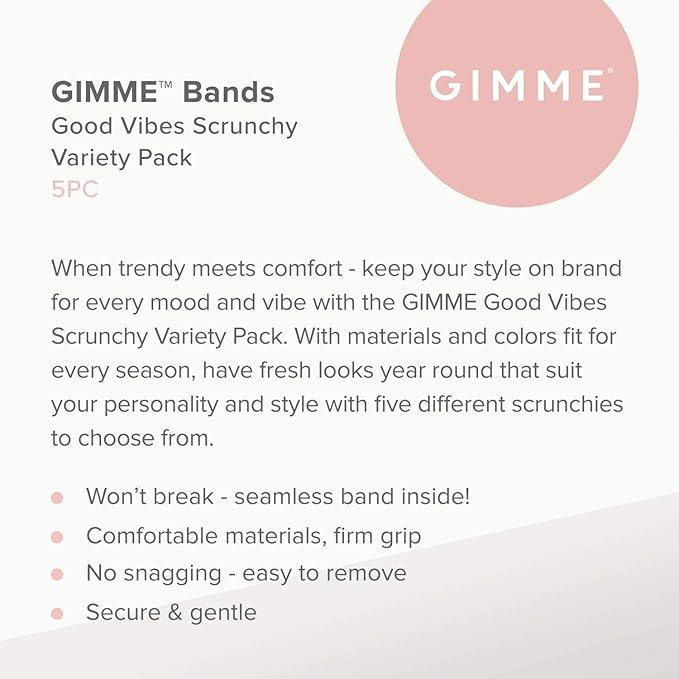 Gimme Beauty - Hair Scrunchies Variety Pack - Denim, Corduroy, Faux Leather, Blush, and Velvet Scrunchies - Gentle All Day Hold Hair Styling Accessories - No-Slipping, Snagging or Creasing (5 Count)