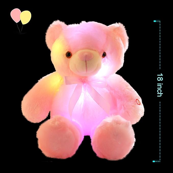 LED Teddy Bears Stuffed Animals, Cute Glow Bear Plush Toys Creative Colorful Luminous Light Up Doll Gifts for Bedroom, Kids, Baby, Valentine (Pink,18 inch)