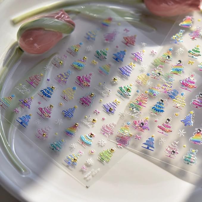 Christmas Nail Art Stickers 5D Embossed Colorful Xmas Tree Nail Decals with Gold Pearl 1PCS Xmas Tree Snowflake Star Design Christmas Nail Art Supplies Manicure Sliders for Women DIY Nail Decorations