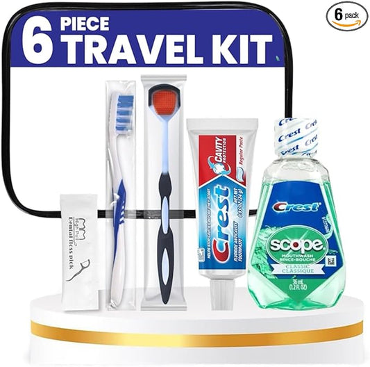 Trektote Travel Toothbrush and Toothpaste Set - 6 Piece Dental Care Kit, TSA Compliant, Includes Toothpaste, Toothbrush, Mouthwash, Tongue Cleaner, Flosses and Premium Toiletry Bag