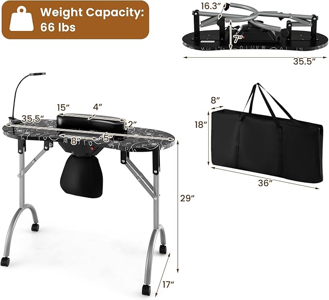 WELLHUT Manicure Table Portable Nail Table Desk with LED Nail Lamp, Elctric Dust Collector, Wrist Rest, Lockable Wheels, Folding Manicure Station for Nail Techs with Carry Bag
