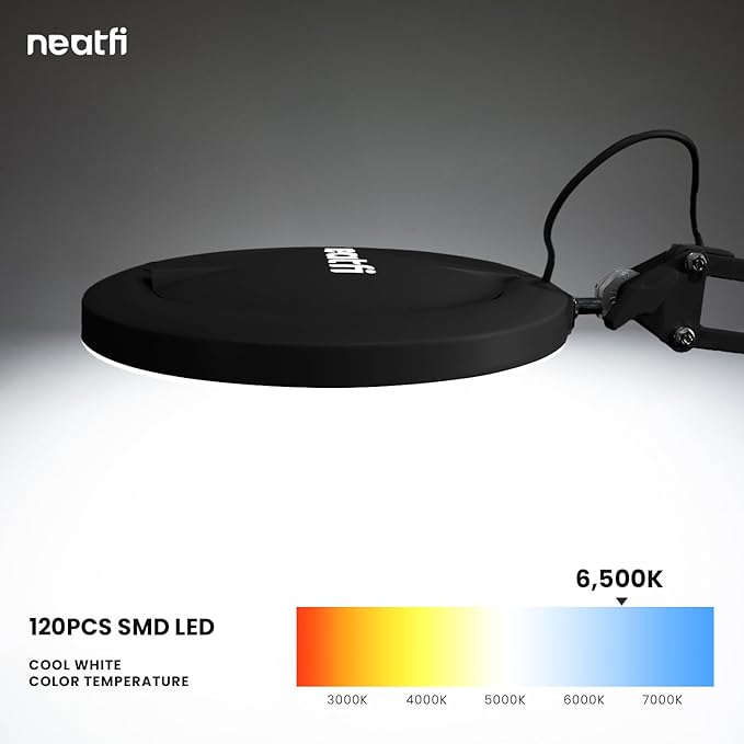 Neatfi (New Model) LED Magnifying Lamp with Clamp, 5D Magnification, 120Pcs SMD LEDs, 12W, Adjustable Color Temperature (Black, 5-Inch Lens, 5 Diopter)