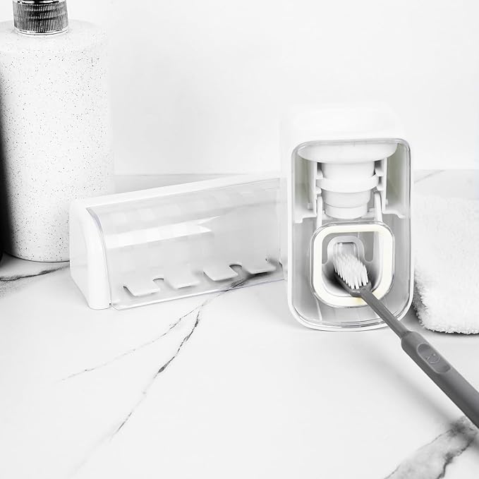 5 Slots Wall Mount Toothbrush Holder with Cover, Self Adhesive Toothbrush Storage Organizer for Shower, Toothbrush Hanger with Automatic Toothpaste Squeezer Dispenser