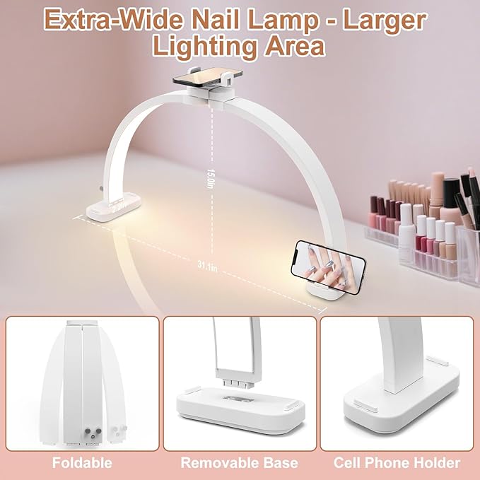 TONYFUL Large Half Moon Light for Nail Desk, 31" 45W Arch Light with Phone Holder, Foldable Manicure Lamp, Stepless Dimming & 3 Color Temperature, Led Desk lamp for Nail, Tattoos, Eyebrows, Beauty