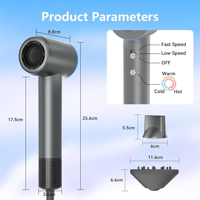 Hair Dryer, 160000 RPM High-Speed Ionic Hair Drye Portable Lightweight Blow Dryer with 500 Million Negative Ions, Hair Dryer with Magnetic Diffuser & Nozzle for Home and Travel