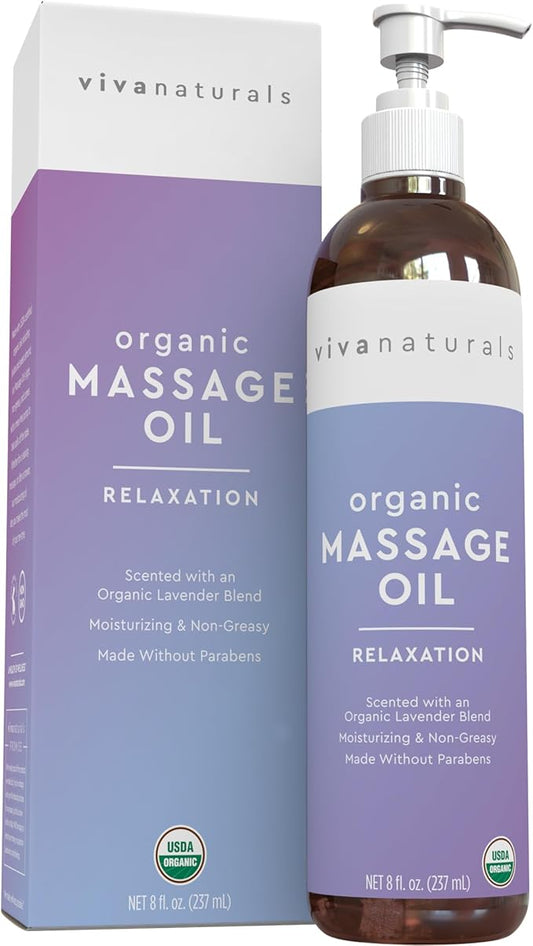 Viva Naturals Organic Massage Oil, Lavender Scented, 8 fl oz (237 mL) – Non-Greasy, Certified Organic Massage Therapy Oils