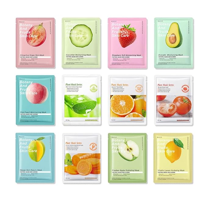 12 Pack Various Fruits Face Sheet Mask Skincare,Hydrating Face Mask For Sensitive Skin,Moisturize,Soothing,Nourish for All Skin Types,Natural Spa Party Facial Mask Skincare Set for Women Men Girls