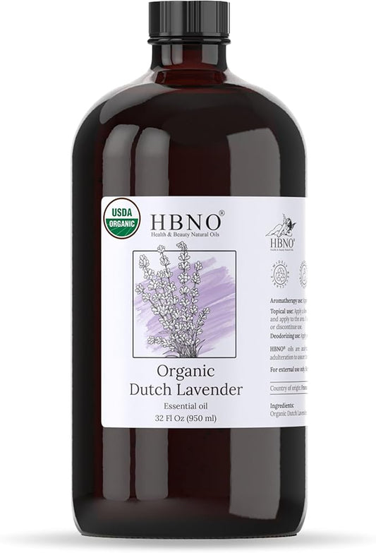 HBNO Organic Lavender Dutch Oil - 32 oz (950 ml) Large Size - Ideal for Shampoos, Conditioners, Mouth Washes, Face wash, Lotions, and Skin Care Products (Glass Bottle).