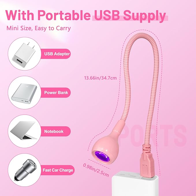 AORAEM UV LED Nail Lamp, 3W Portable Duck Neck UV Nail Lamps Dryer Gel Polish Curing Light with Pink Gooseneck for Gel Nails Tips USB Plug Play Nails Salon and Home DIY
