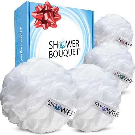SHOWER BOUQUET Loofah Soft-White-Cloud XL Bath-Sponge 4-Pack // Extra Large 75g Mesh Loofa Lufa Pouf Set for Men and Women - Exfoliate with Big Gentle Cleanse Scrubber in Beauty Bathing Accessories