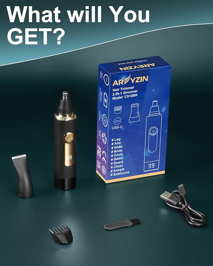 Ear and Nose Hair Trimmer for Men Women with LED Display, 2 in 1 Painless USB Rechargeable Nose Trimmer Clipper Eyebrow & Facial Hair Remover, 13,000 RPM,Dual Edge Blades,Waterproof,Black Gold