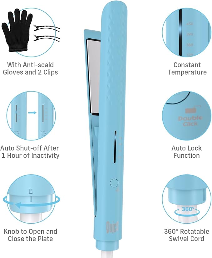 Quico Hair Straightener, 110-240V Global Travel Hair Straighteners for Women, 15s Fast Heating, Professional Negative Ion Flat Iron, Temp Memory, 320℉-450℉, Auto-Off, with Glove and Clips, Gift, Blue