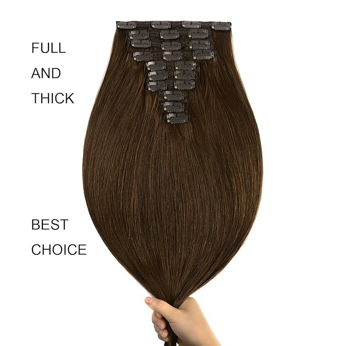 22" Clip in Human Hair Extensions Full Head 200g 10 Pieces 22 Clips Chocolate Brown Double Weft Brazilian Real Remy Hair Extensions Thick Straight (22" 200g,4#)
