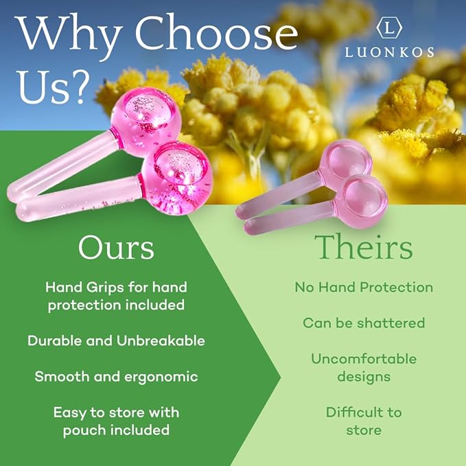 LUONKOS Ice Globes for Face - Pink, Set of 2 - Reusable Glass Gua Sha Facial Tools & Lymphatic Drainage Massager - Skincare Tools for Puffiness & Dark Circles