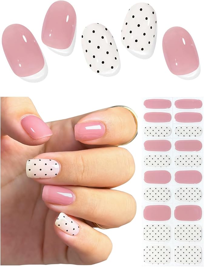 Semi Cured Gel Nail Strips (Polka Dot), Jelly Nude Brown, 20 Pcs Gel Nail Wraps, Stickers, Salon Quality, Long Lasting, Works with Any Lamps
