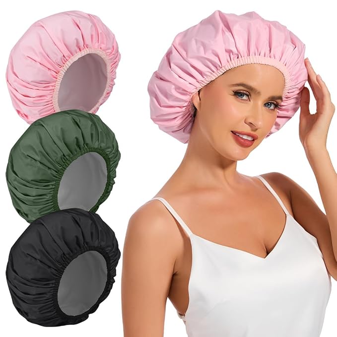 Reusable Shower Cap for Women, 3Pcs Hair Cap for Shower, Waterproof Shower Cap with Elastic Band for Long, Thick or Curly Hair