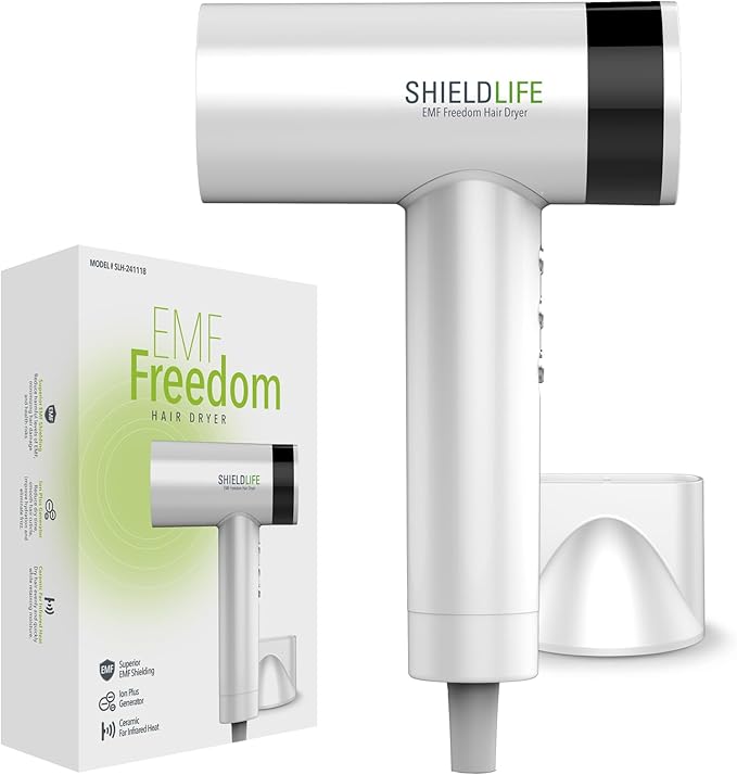 Hair Dryer -99% EMF Blocking- Fast Drying, Damage-Free, Negative Ion Technology, Compact & Lightweight, Magnetic Nozzle Cap, 3 Speeds & 3 Temperature Settings by Shield Life.