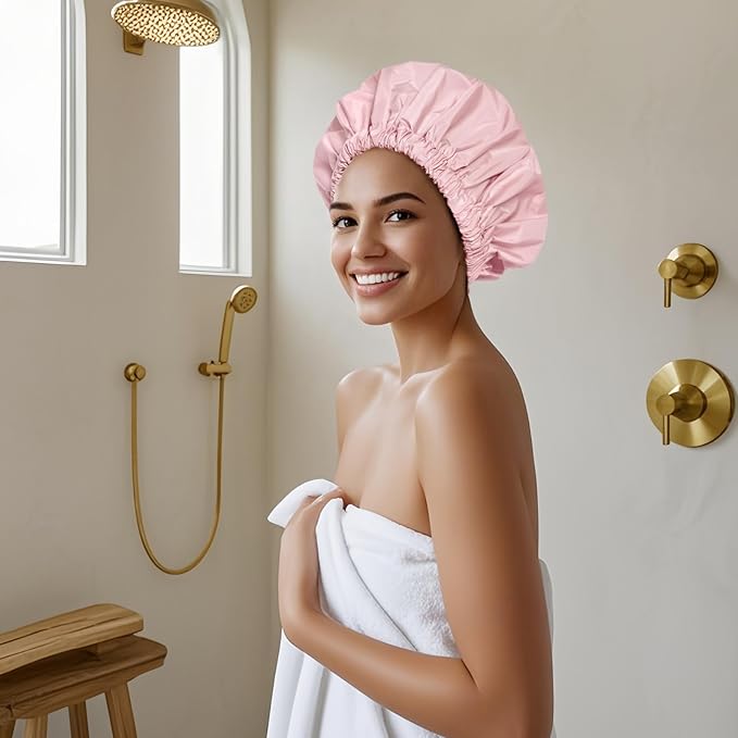 Reusable Shower Cap for Women, Large Waterproof Shower Essentials Bonnet Washable Elastic Band Bath Hair Wrap Hat for Long Hair, Braids(Pink&Beige)