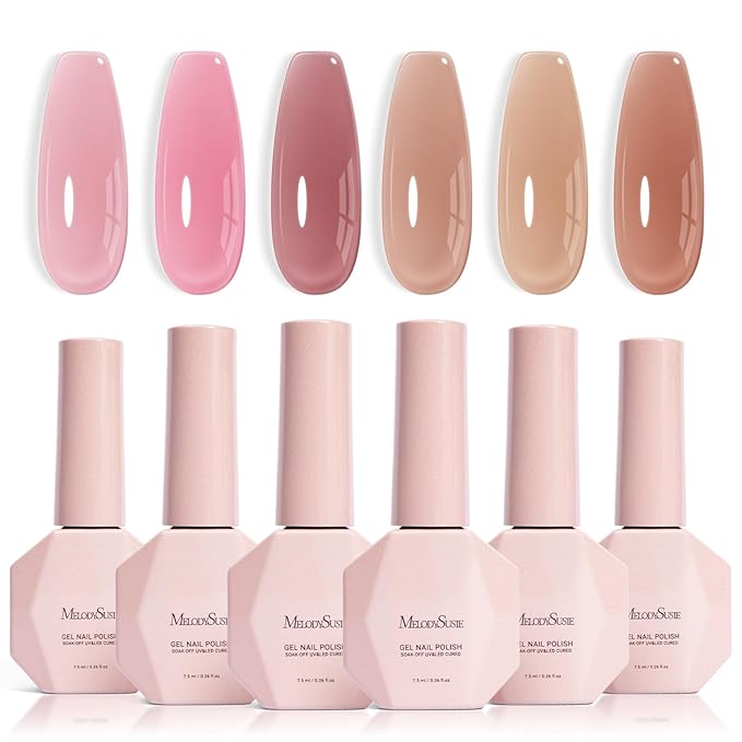 MelodySusie Jelly Gel Nail Polish Set,6 Transparent Colors,Milky or Jelly Texture,Pink and Nude Versatile Colors Soak Off UV LED Light Cure or Salon Manicure and Nail Art DIY at Home