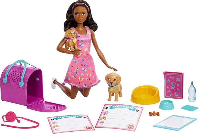 Barbie Pup Adoption Playset with Brunette Fashion Doll in Pink Dress, 2 Pets, Carrier & 10 Accessories, Color-Change Feature