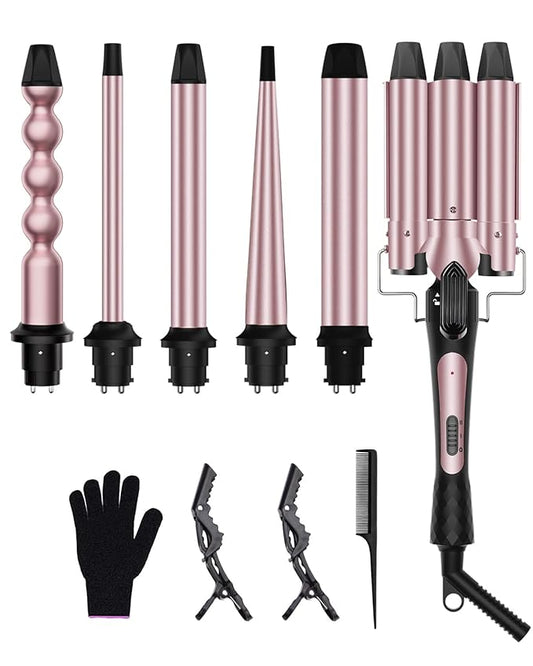 6 in 1 Curling Iron, Curling Wand Set with 3 Barrel Hair Crimper and 5 Interchangeable Ceramic Hair Curler (0.35"-1.25”), Instant Heat Up 2 Temp Wand Curler, Include Heat Protective Glove & 2 Clips
