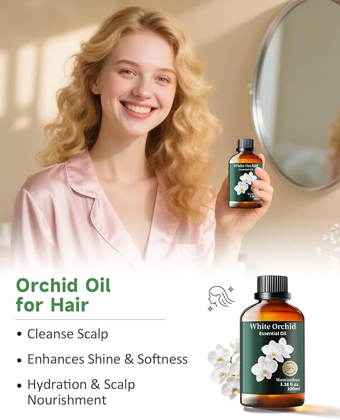 Mumianhua White Orchid Essential Oil Pure - Therapeutic Grade Aromatherapy Oil for Skin Care, Diffuser & Candle Making 100ml 3.38 Oz w/Dropper