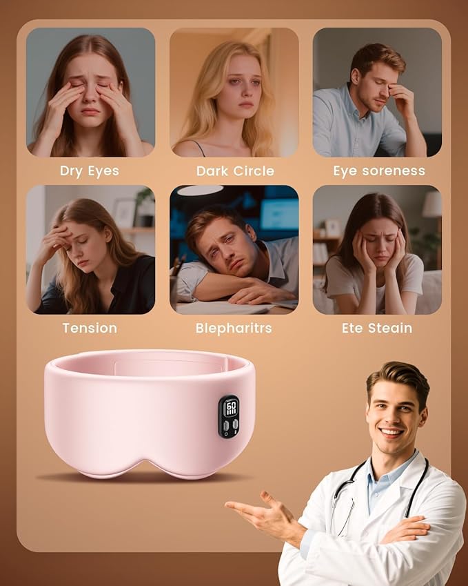 Heated Eye Mask - Cordless Eye Mask for Dry Eyes - Eye Heating Pad with LED Display, Eye Relief, 4 Temperature, Improved Sleep, Travel, Office, Includes Removable and Washable Shells Black and Pink