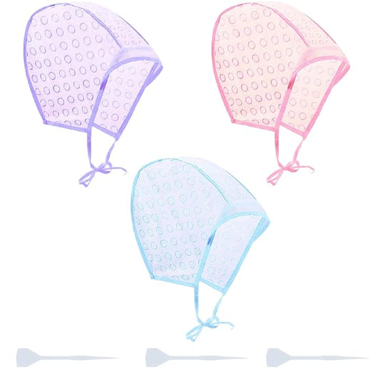 Yzurbu 3pcs Hair Highlighting Caps, Bleach Cap Coloring Frosting Dye Kit with Plastic Hooks for Salon Hair Dyeing Hairdressing (Pink, Blue, Purple）
